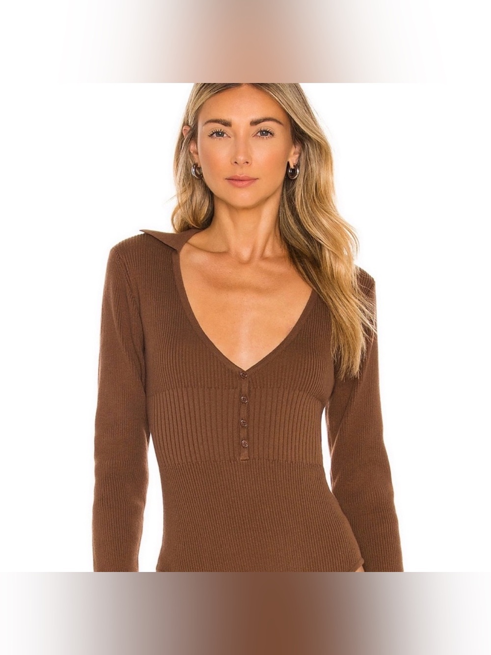 Bardot Ribbed Brown Collared V-Neck Long-Sleeve Bodysuit